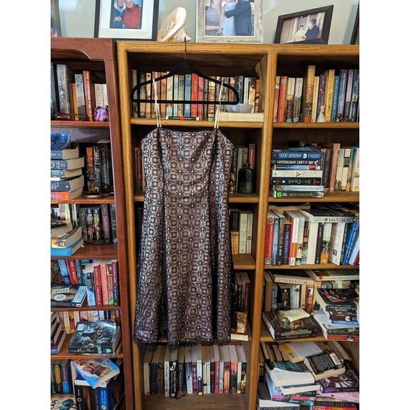 Adrianna Papell strapless a line cocktail dress black mesh design overlay  sz 12 - Picture 1 of 6